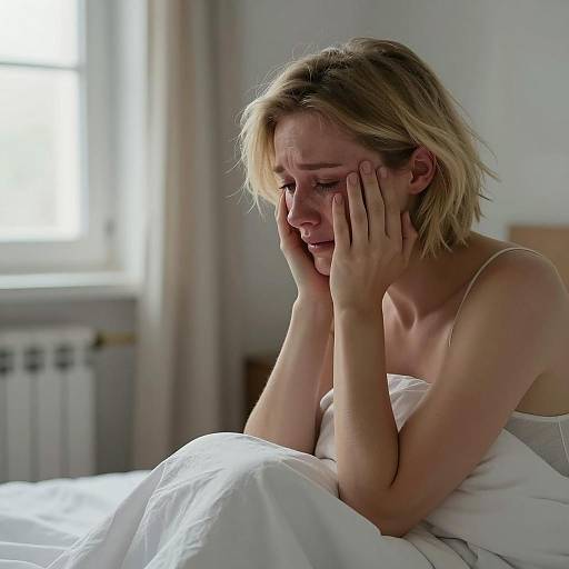 Crying Woman in Bed with White Bedsheet
