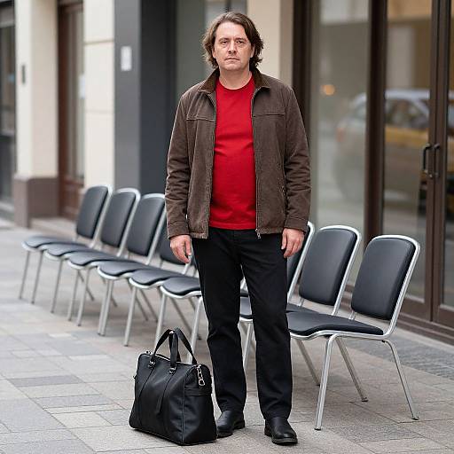 Man Standing by Sidewalk Chairs
