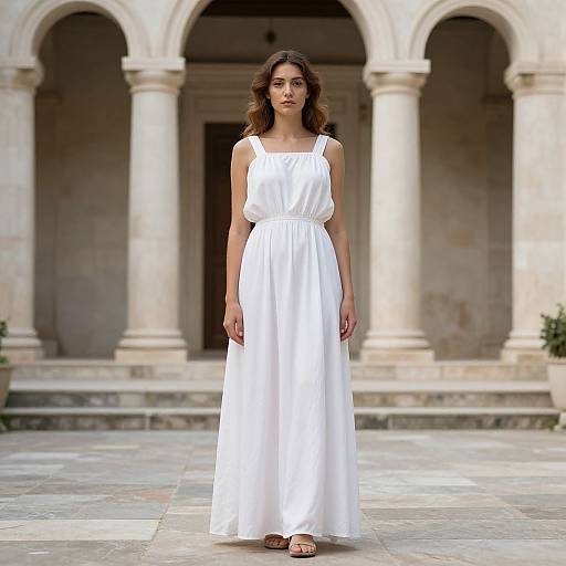 Photograph of a young woman with wavy brown hair, wearing a sleeveless white maxi dress, standing in front of a stone archway with three
