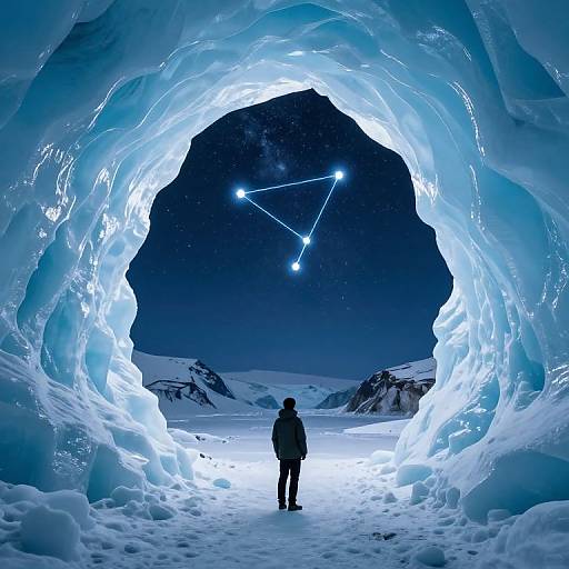 Solitary Figure at Glowing Glacier Cave