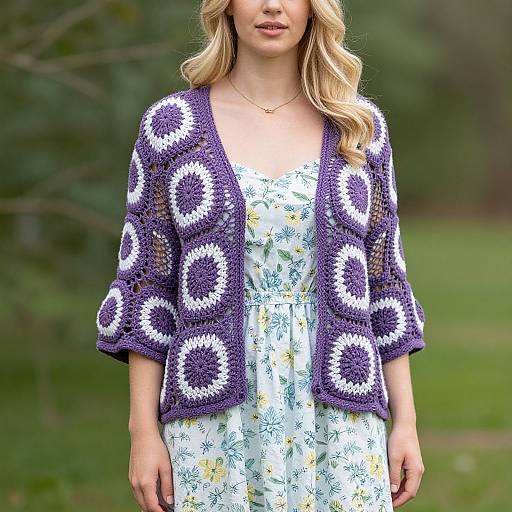 Blonde Woman in Floral Dress and Mauve Crochet Cardigan