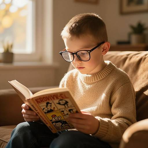Photograph of a young boy with short brown hair, wearing black glasses and a beige knitted sweater, reading 