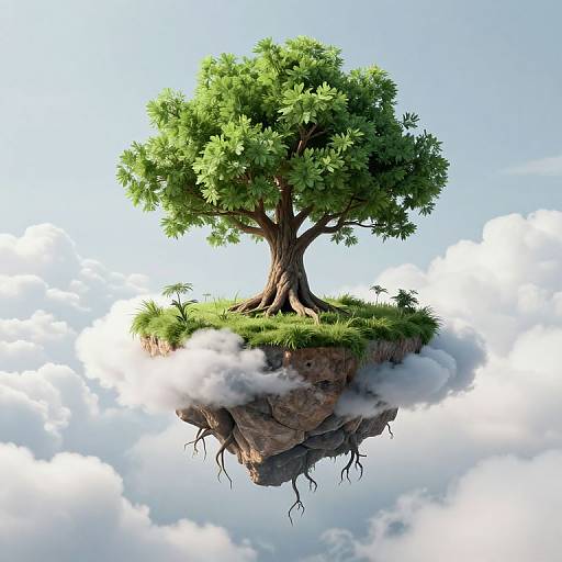 Digital artwork of a lush, green tree with thick roots, floating on a cloud-like rock formation, surrounded by a bright blue sky.