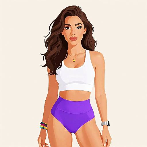 Digital illustration of a confident woman with long brown hair, wearing a white crop top, high-waisted purple panties, and colorful bracelets.