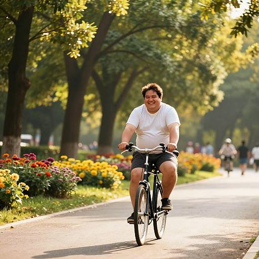Photograph of a smiling, plus-sized man in a white t-shirt and black shorts riding a bicycle on a sunny, tree-lined park path with colorful