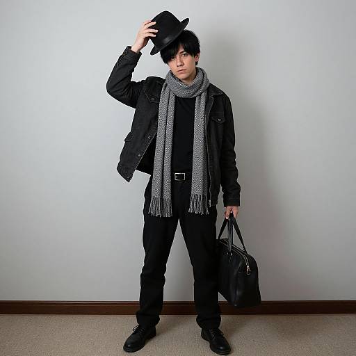 Photograph of an Asian man in black outfit, gray scarf, black hat, holding bag, standing against white wall, carpeted floor.