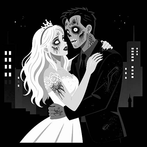 Black-and-white digital drawing of a horror-themed couple: a pale woman in a white dress and a dark, zombie-like man with glowing eyes, embracing