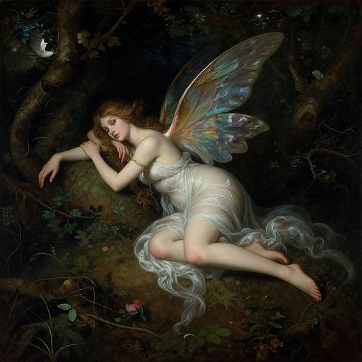 Digital painting of a fair-skinned fairy with rainbow wings, lying on dark forest floor, draped in translucent white cloth, eyes closed, surrounded by subtle