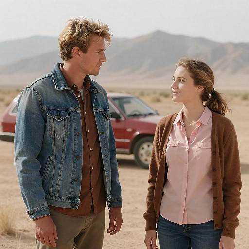 Photograph of a blonde man in a denim jacket and brown shirt standing in a desert, smiling at a brunette woman in a pink shirt and brown card