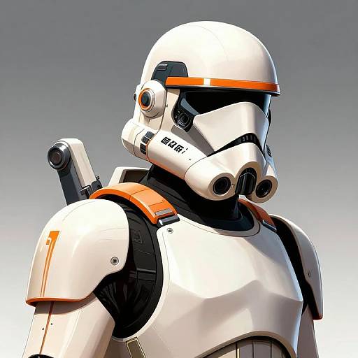 Digital art of a white, orange-trimmed, futuristic Stormtrooper with dual exhaust pipes, black accents, and a 