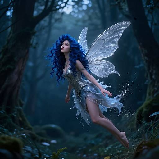 Curly Blue-Haired Fairy at Twilight