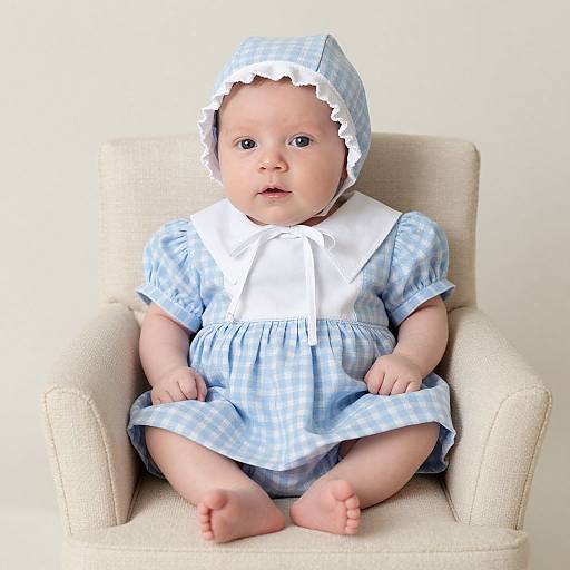 Photograph of a chubby, fair-skinned baby with blue eyes, wearing a blue plaid dress, white collar, and matching bonnet, sitting