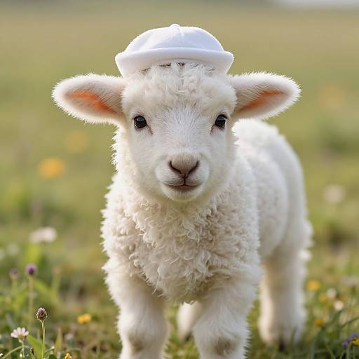Photograph of a fluffy white lamb wearing a small white bonnet, standing in a sunny, grassy field with colorful wildflowers.