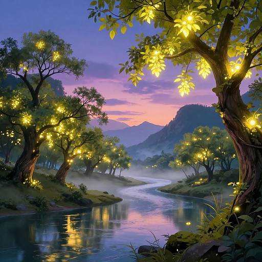 Digital painting of a magical twilight forest with glowing fireflies, illuminated trees, and a misty river winding through mountains.
