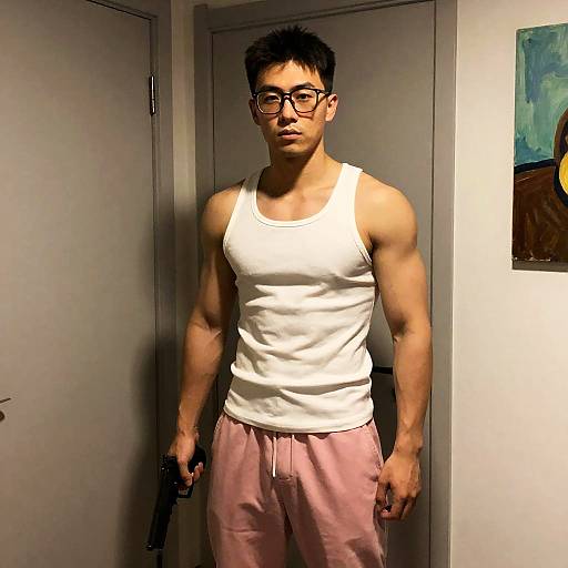 Muscular Man in Dimly Lit Room