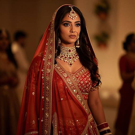 Photograph of an Indian bride in a red and gold saree with intricate embroidery, wearing heavy jewelry, including a maang tikka and choker