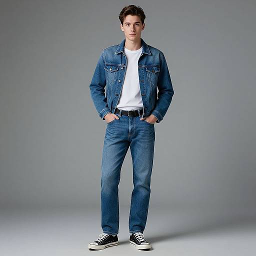 Photograph of a young man with short dark hair, wearing a blue denim jacket, white t-shirt, blue jeans, and black sneakers, standing against