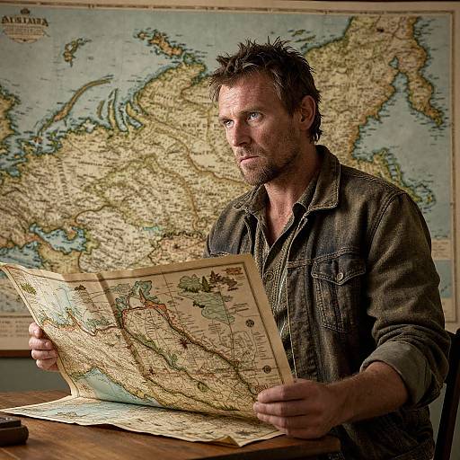 Photograph of a rugged, bearded man with messy brown hair, wearing a worn denim shirt, studying an antique map of Australia in a dimly
