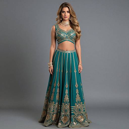 Photograph of a young woman with long, wavy brown hair, wearing an ornate teal and gold traditional Indian outfit, including a crop top and
