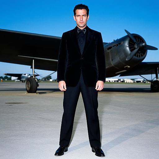 Photograph of a handsome man in a black velvet suit and bow tie, standing confidently in front of a vintage aircraft on a sunny airport tarmac.