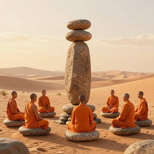 Photograph of seven Buddhist monks in orange robes meditating in a desert, sitting on stone cushions around a tall, balanced stone stack under a bright,