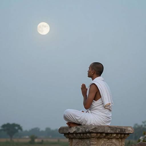 Photograph of a dark-skinned male monk in white robe, sitting in meditation on a stone pillar, facing full moon in clear blue sky. Background