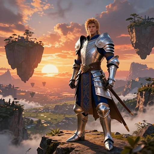 Photorealistic digital art: Blonde knight in shiny silver armor stands on rocky cliff at sunset, holding sword, with floating islands and misty valleys in