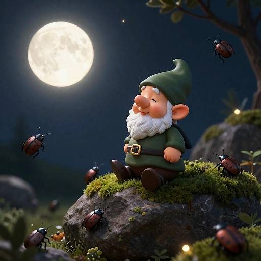 Moonlit Gnome on Mossy Rock