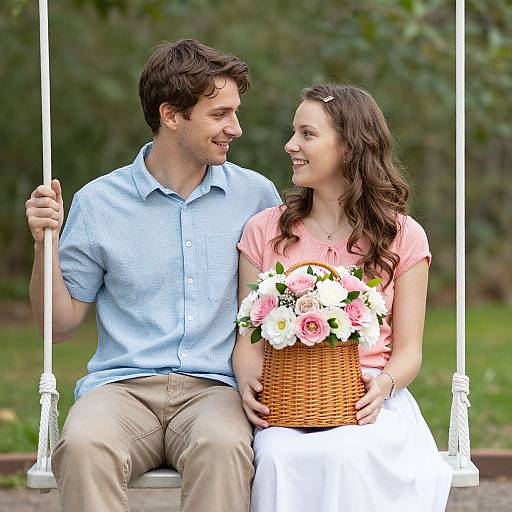 Photograph of a smiling couple on a white swing, man in light blue shirt and beige pants, woman in pink top and white skirt, holding a