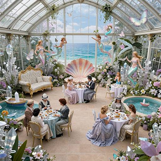 Photograph of an elegant, Victorian-style greenhouse with seashell arch, ocean view, and six dressed couples dining amidst floating angels and flowers.