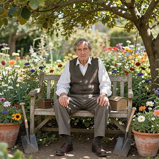 Photograph of an elderly man with gray hair, wearing a white shirt and gray vest, sitting on a wooden bench in a vibrant, sunlit garden