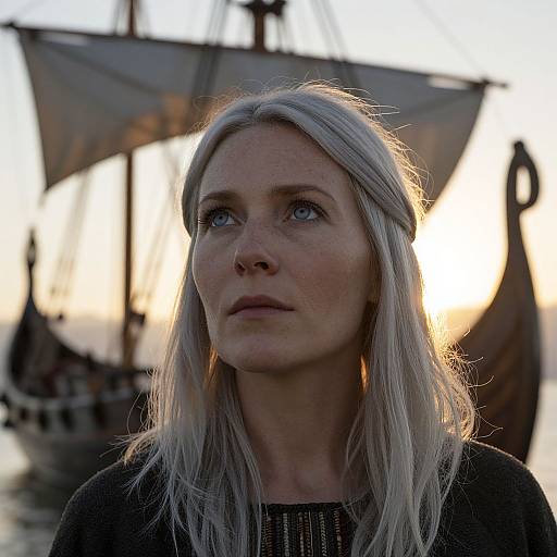 Photograph of a serious, fair-skinned woman with long, silver hair, blue eyes, wearing a black top, standing in front of a blurred