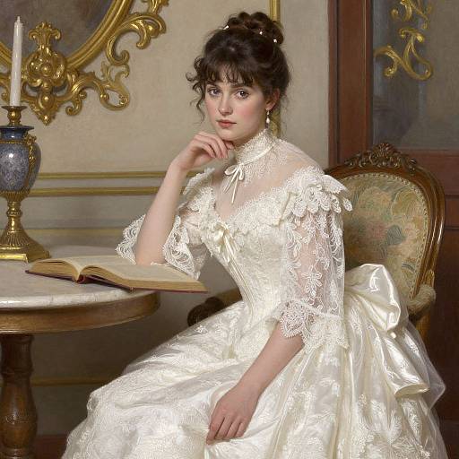 Victorian-style photograph of a pale-skinned woman with dark hair in an elegant, white lace dress, seated at a wooden table with an open book