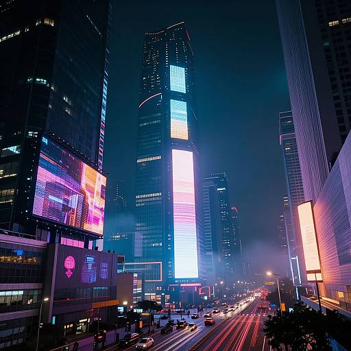 Neon-lit, night-time cityscape photograph of a bustling urban street with tall skyscrapers, vibrant digital billboards, and light trails from