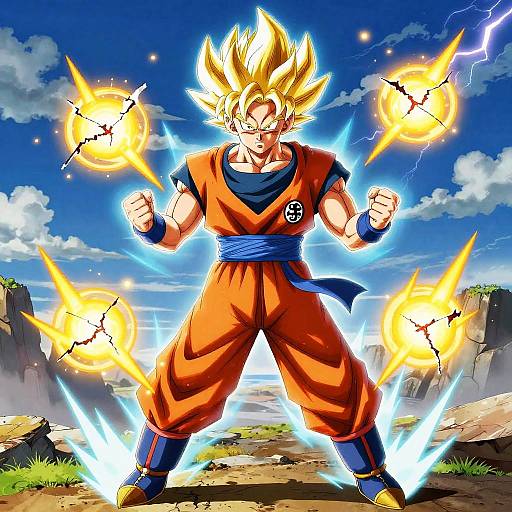 Anime-style drawing of Super Saiyan Son Goku, glowing fists, surrounded by electric aura, orange gi, blue sash, rocky landscape background.