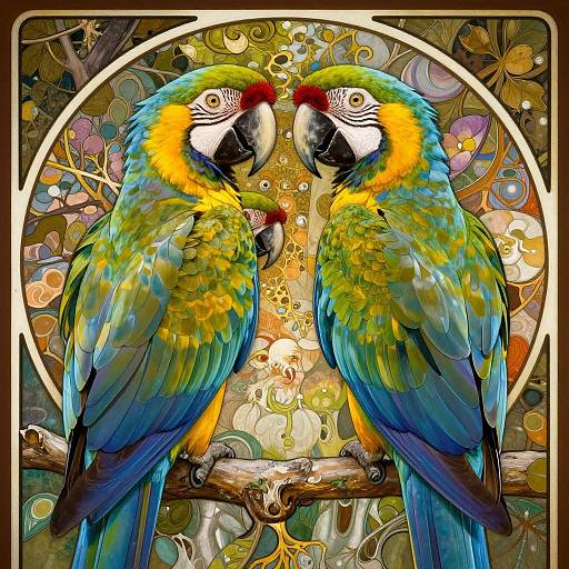 Vibrant digital artwork of two colorful macaws with yellow, green, blue, and red feathers, facing each other on a branch, against a