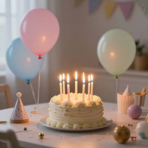 Photograph of a white-frosted birthday cake with lit candles, surrounded by pastel balloons, a party hat, and festive decorations on a table