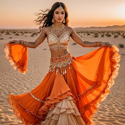 Woman in Orange Belly Dancer Outfit at Desert Sunset