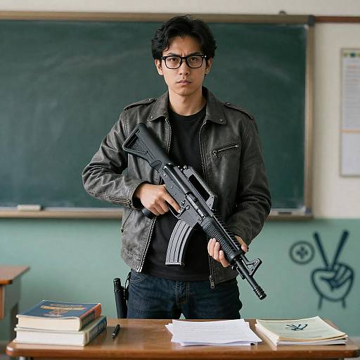 Man Holding Assault Rifle in Classroom