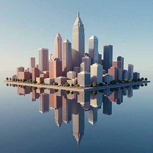 Digital CGI image of a city island with tall skyscrapers, reflecting perfectly on a calm, blue water surface under a clear sky.