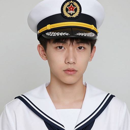 Photograph of an Asian teenage boy in a white sailor uniform and black-and-white naval cap with a red star emblem.