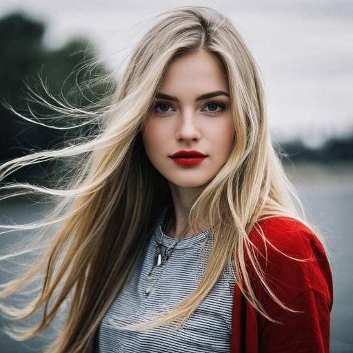 Blonde Woman with Flowing Hair and Red Lips