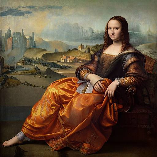 Mona Lisa by Leonardo da Vinci: Renaissance painting of a serene woman in a dark dress and orange robe, seated against a detailed landscape with distant city