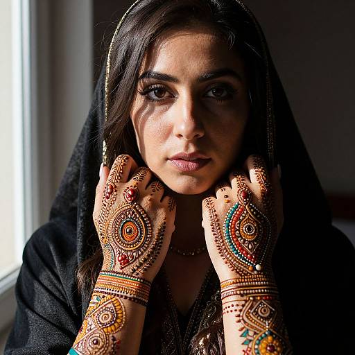 Photograph of a South Asian woman with dark hair, wearing a black headscarf, and intricate henna patterns on her hands, gazing int