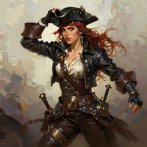 Digital painting of a fierce, red-haired pirate woman in a black tricorn hat, leather jacket, and corset, with swords and belts, against