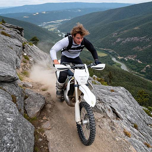 Photograph of a male mountain biker with messy brown hair, wearing a black and white jersey, riding a white dirt bike on a rocky mountain trail