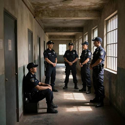Dim Industrial Hallway with Police Officers
