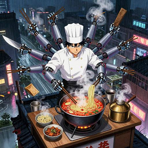 Cybernetic Street Chef Cooking Ramen on Rainy Rooftop