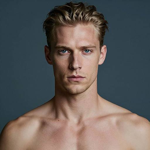 Photograph of a shirtless, handsome, young Caucasian man with blue eyes, short, tousled blonde hair, and a serious expression against a dark