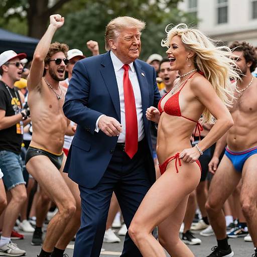 Man in Suit and Woman in Red Bikini Dancing Outdoors